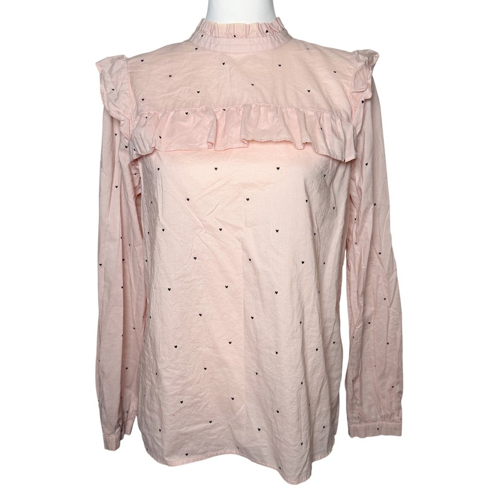 Loft Pink Heart Print Ruffle Mock Neck Long Sleeve Blouse Top
